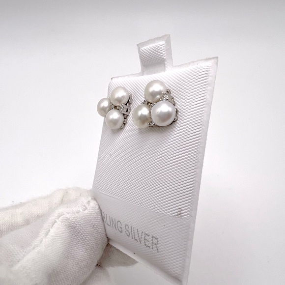 .925 Sterling Silver Simulated Pearl and Clear Cz Earrings - Picture 6 of 17